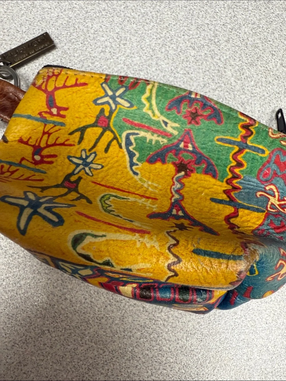 Vintage Colorful Yellow & Green Printed Leather keyring Pouch